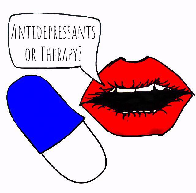 antidepressant caption on image with pill and lips